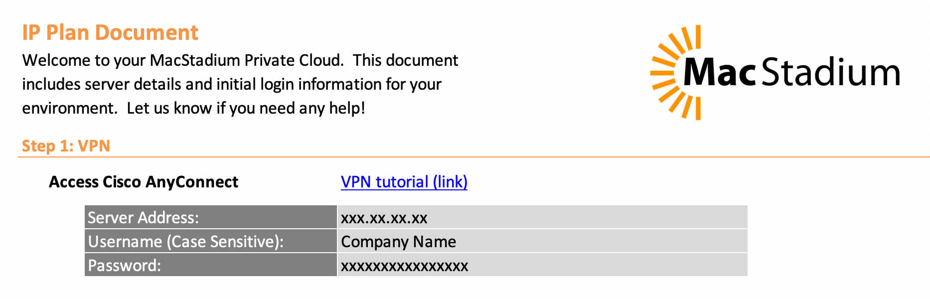 MacStadium IP Plan showing VPN connection information and credentials
