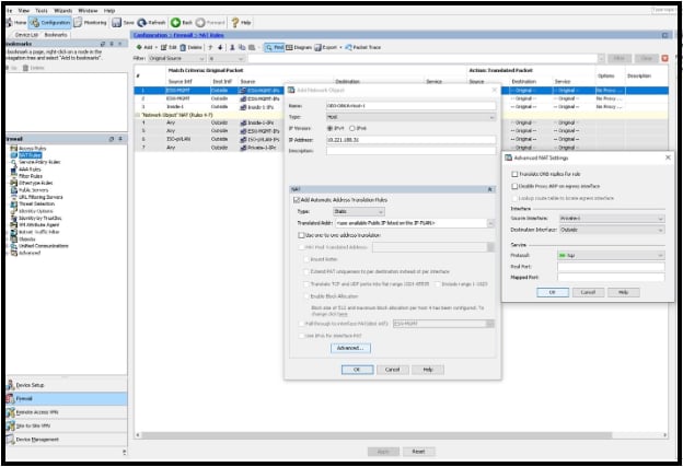 ASDM Add NAT Rule dialog with static NAT and interface settings completed