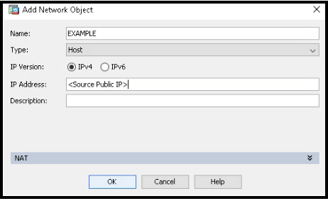 ASDM Add Network Object dialog with source IP address and host type fields