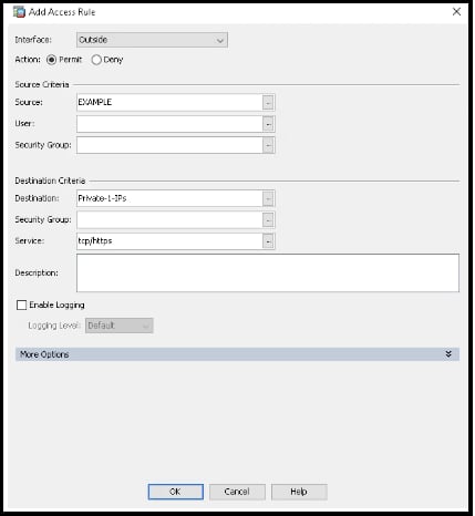 ASDM Add Access Rule dialog with Outside interface, source object, and service fields