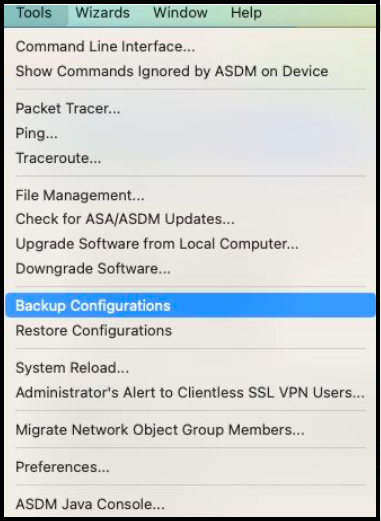 ASDM Tools menu with Backup Configuration option highlighted