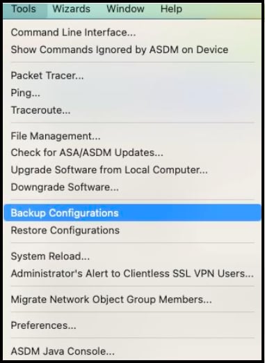 ASDM Tools menu with Backup Configuration option highlighted