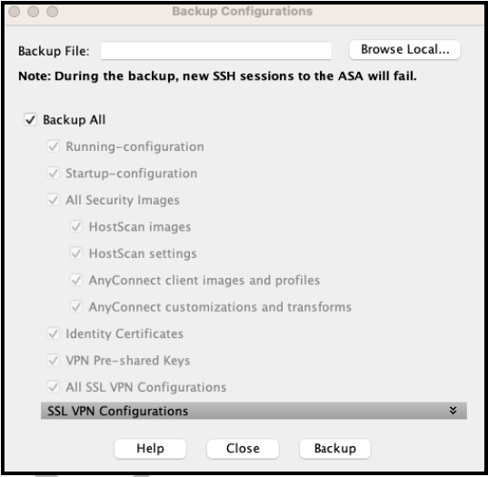 ASDM Backup Configuration dialog with file name and location fields