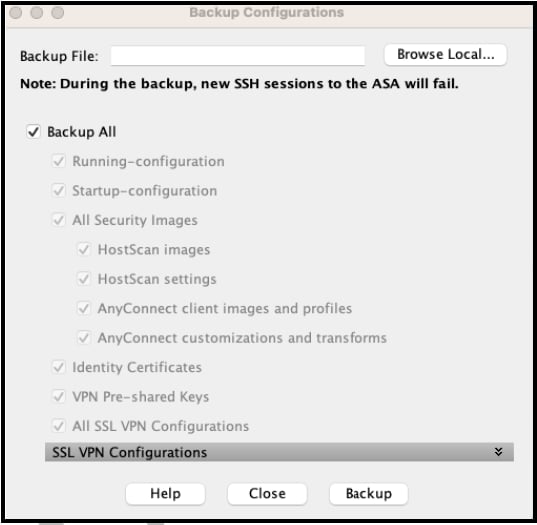 ASDM Backup Configuration dialog with file name and location fields