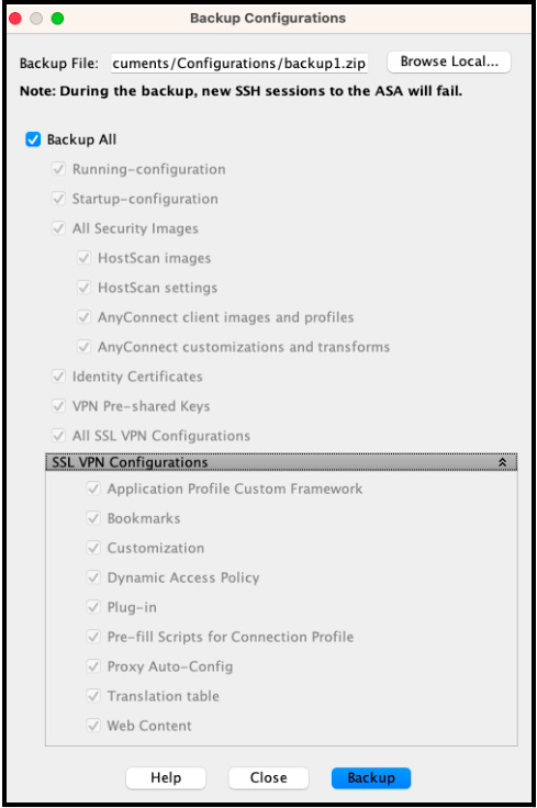 ASDM Backup Configuration dialog with Backup All option and Backup button