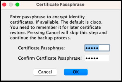 ASDM passphrase field for encrypting identity certificates in backup
