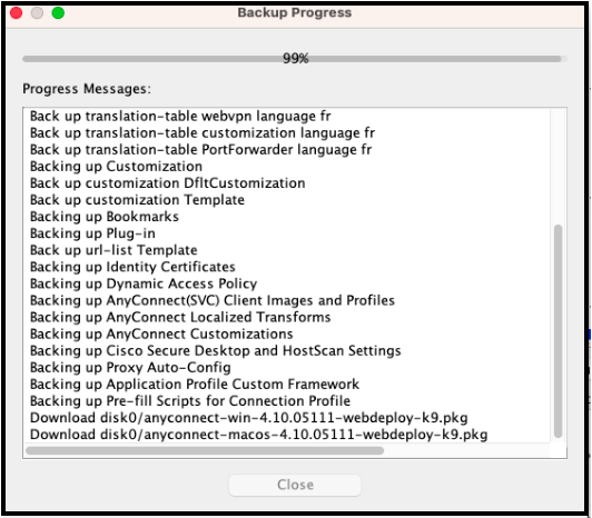 ASDM Backup Statistics window showing backup progress and details