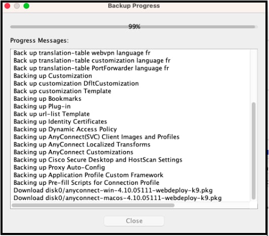 ASDM Backup Statistics window showing backup progress and details