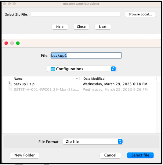 Local file browser for selecting the backup ZIP file to restore