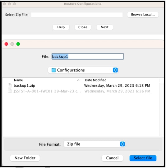 Local file browser for selecting the backup ZIP file to restore