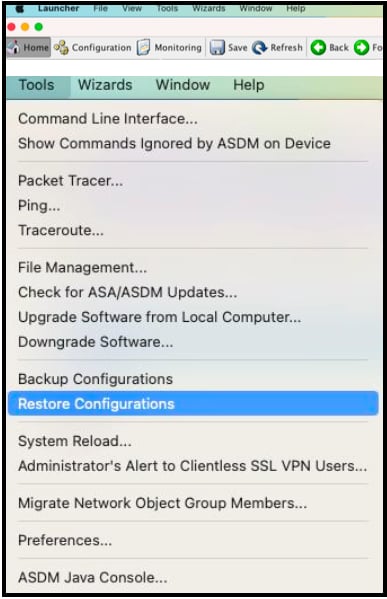ASDM Tools menu with Restore Configuration option highlighted