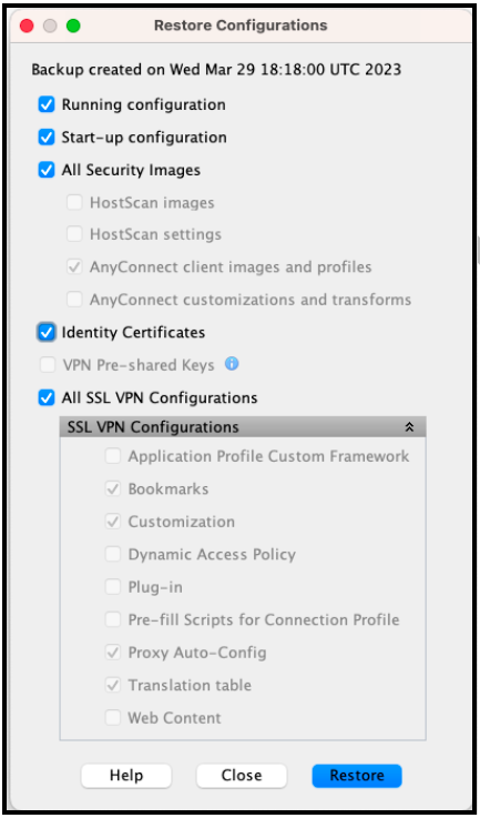 ASDM Restore Configurations dialog with recommended restore options selected