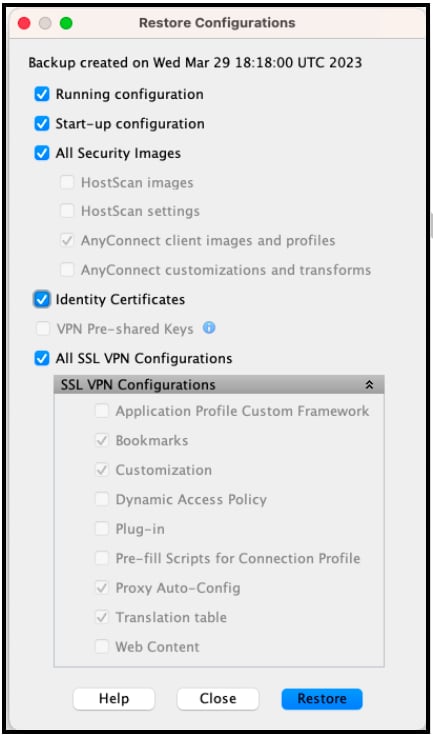 ASDM Restore Configurations dialog with recommended restore options selected