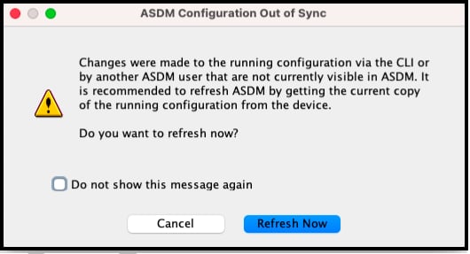 ASDM restore progress message with Refresh Now option
