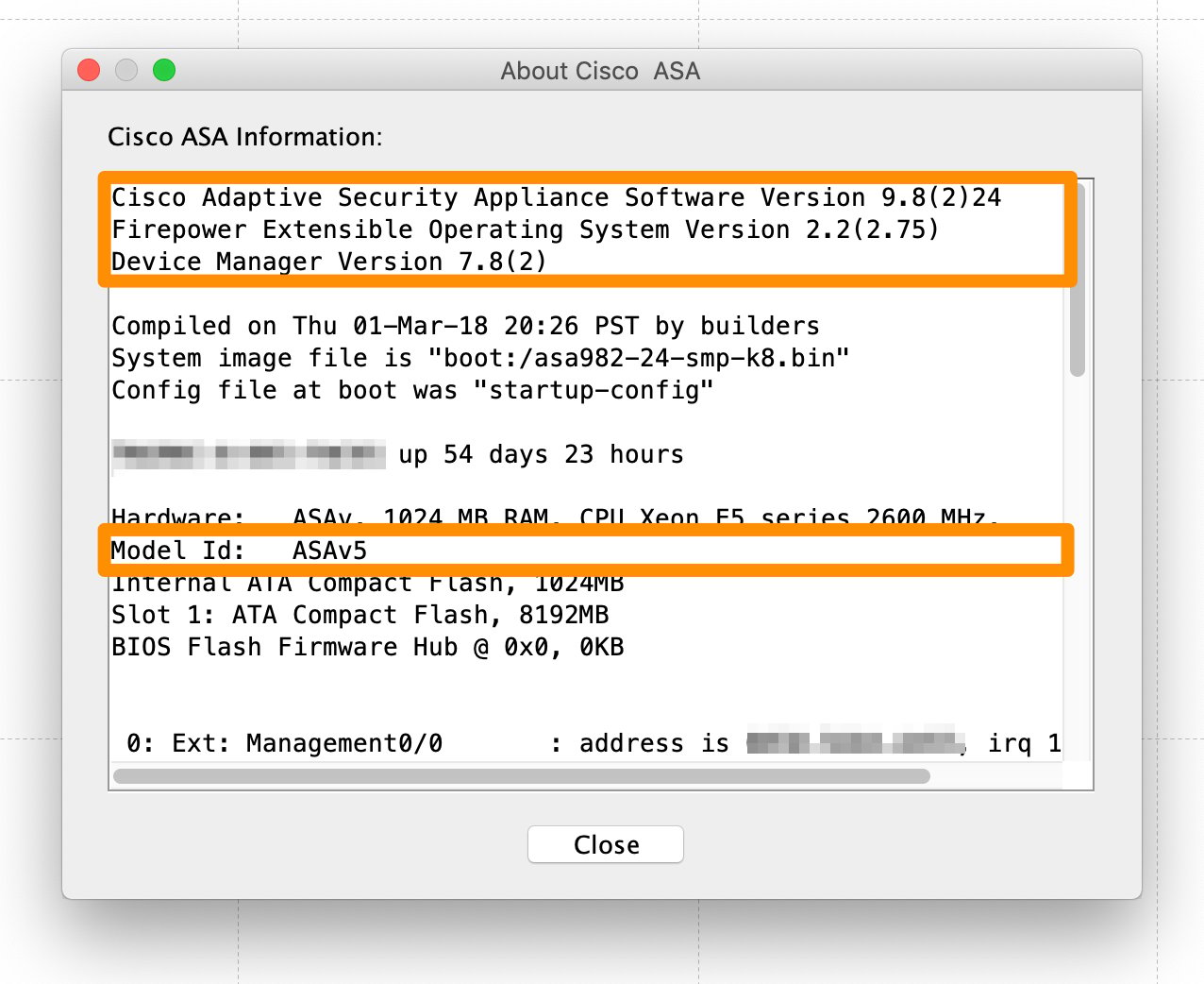 ASDM About dialog showing software version, device manager version, and model ID