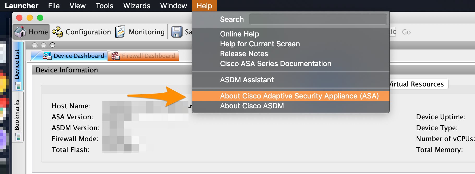 ASDM Help menu with About Cisco Adaptive Security Appliance option selected