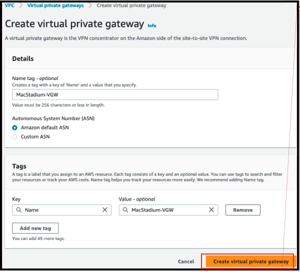 AWS VPC sidebar with Virtual Private Gateways option highlighted