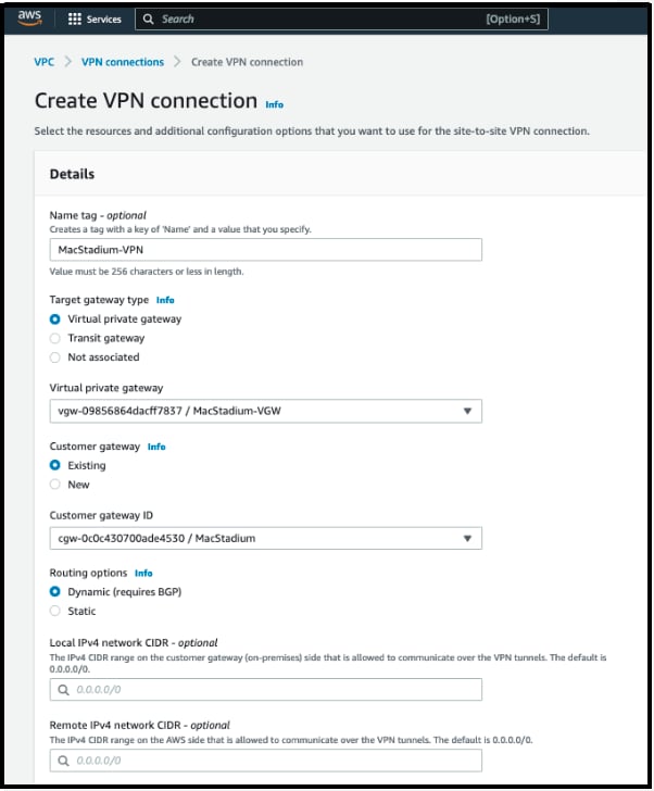 AWS Create VPN Connection form with gateway type and routing settings