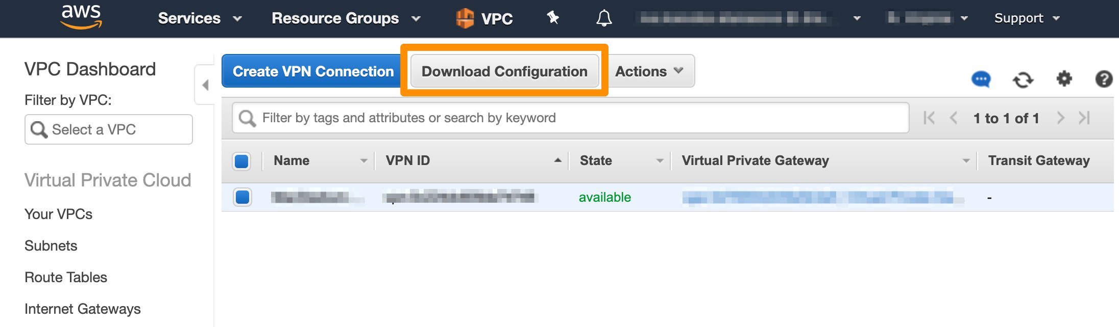 AWS Site-to-Site VPN Connections list with Download Configuration button highlighted