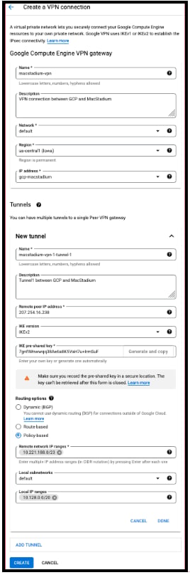 GCP Classic VPN tunnel creation confirmation screen