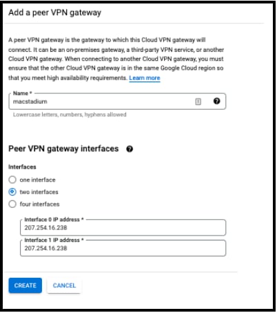 GCP HA VPN tunnel configuration form with name and IKE pre-shared key fields