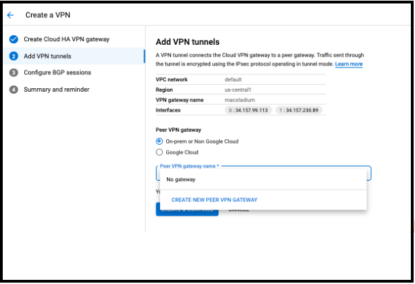 GCP Cloud Router configuration form with name and ASN fields