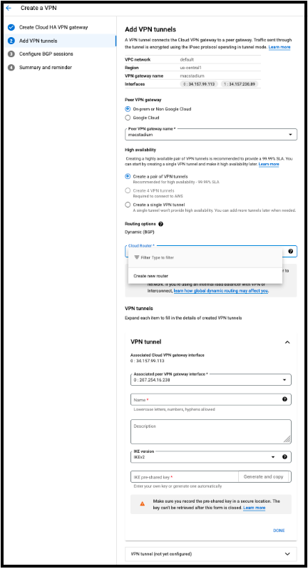 GCP VPN tunnel summary page before creation