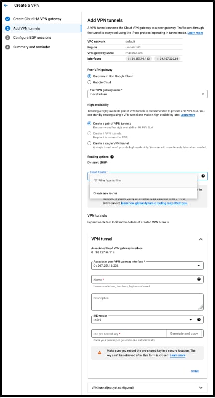 GCP VPN tunnel summary page before creation