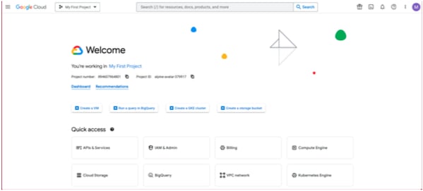 GCP console project selector in the toolbar