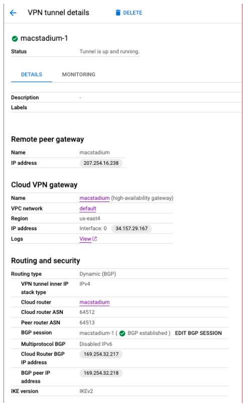 GCP VPN tunnel detail showing Cloud Router ASN field