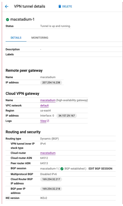 GCP VPN tunnel detail showing Cloud Router ASN field