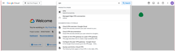 GCP search bar with VPN typed and VPN Hybrid Connectivity result