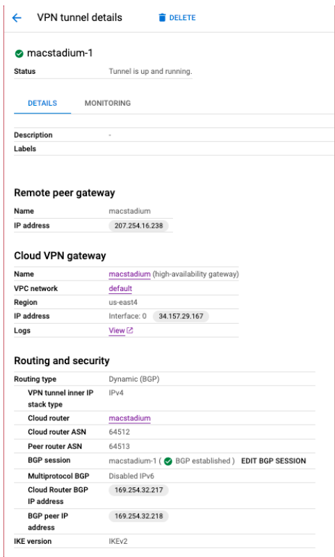 GCP VPN tunnel detail showing Cloud Router ASN field
