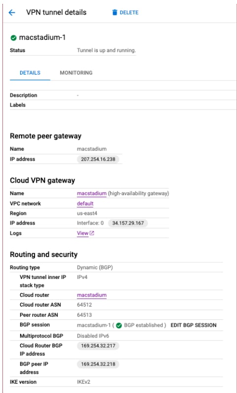 GCP VPN tunnel detail showing Cloud Router ASN field