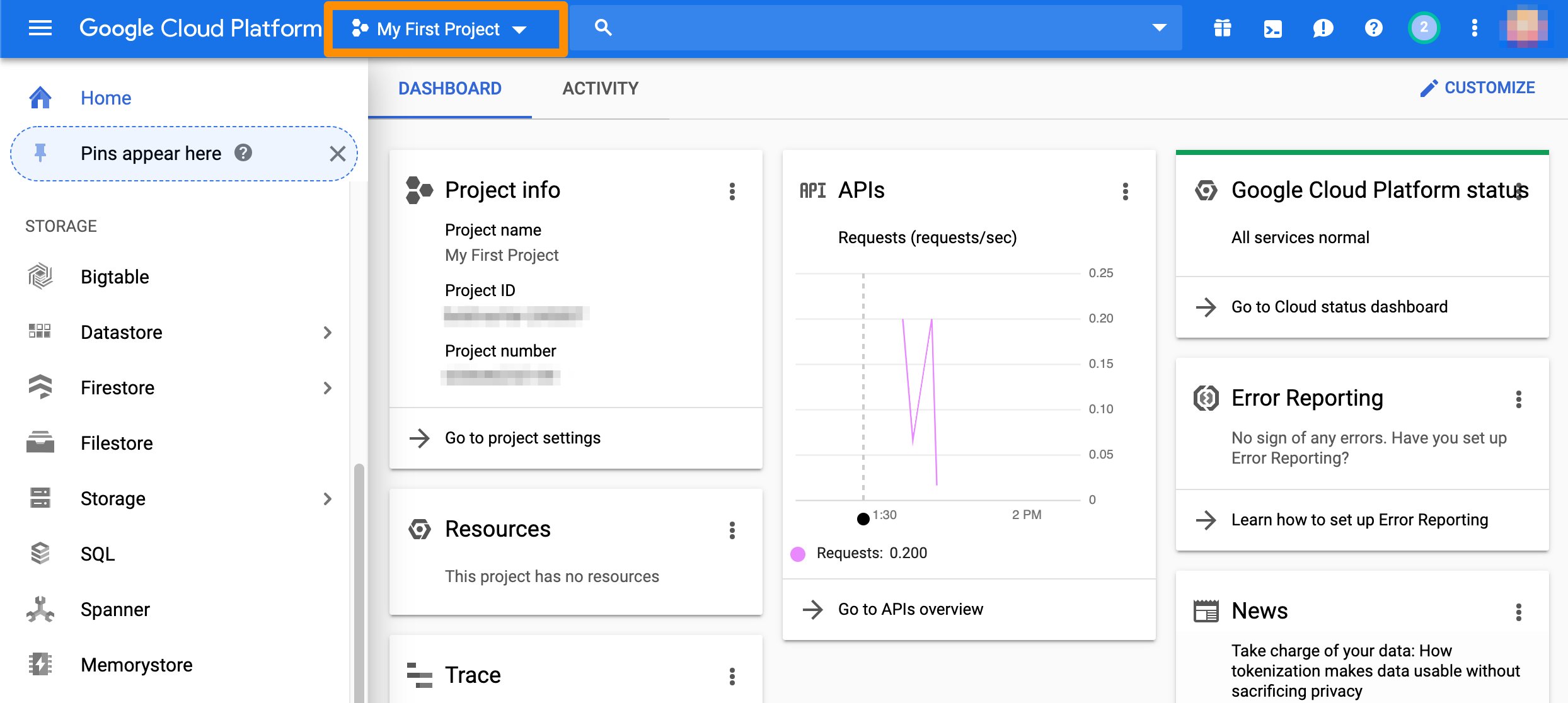 GCP console project selector in the toolbar