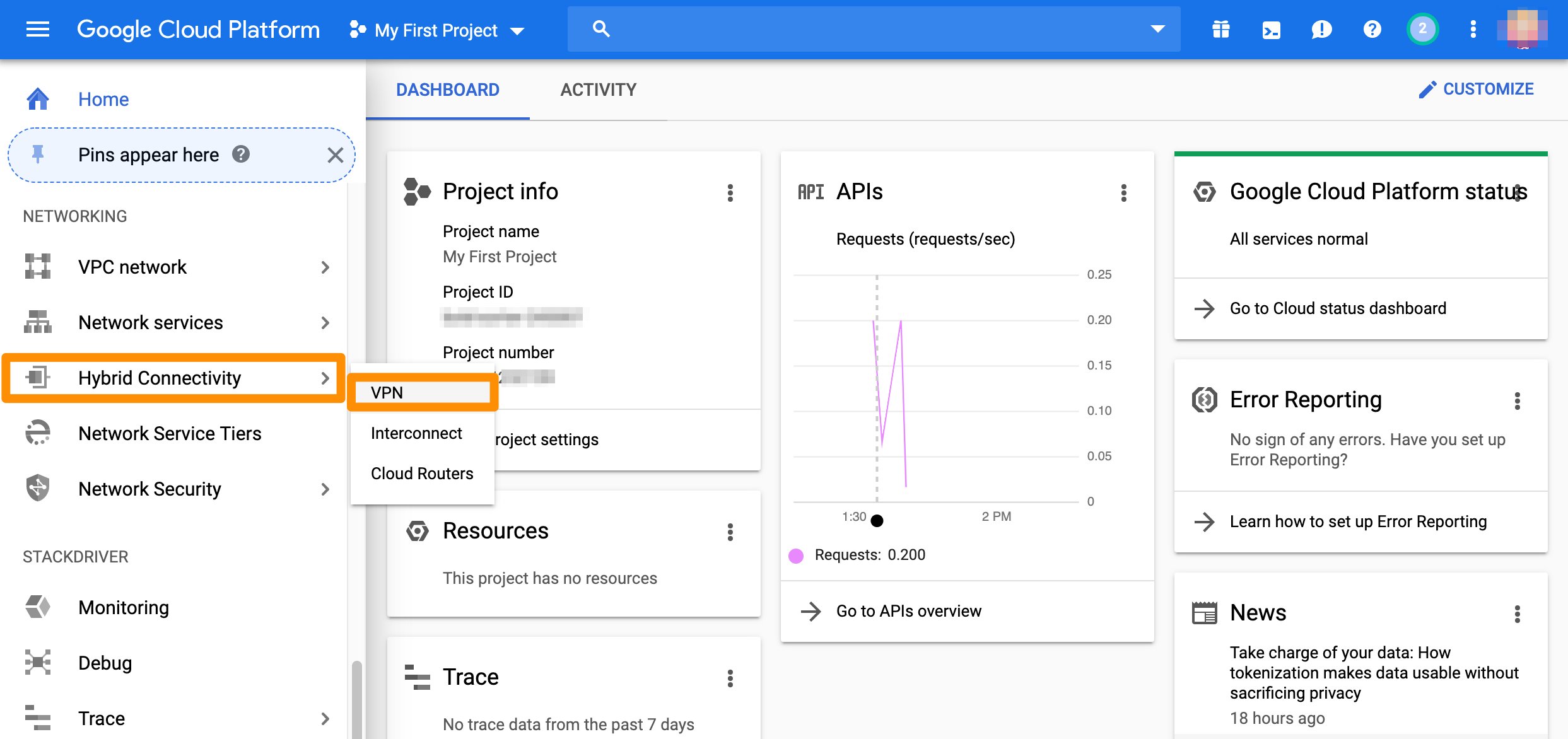 GCP sidebar with Hybrid Connectivity VPN option highlighted