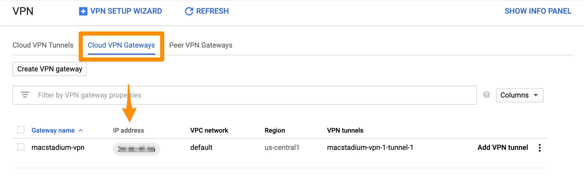 GCP Cloud VPN Gateways list showing gateway IP address field