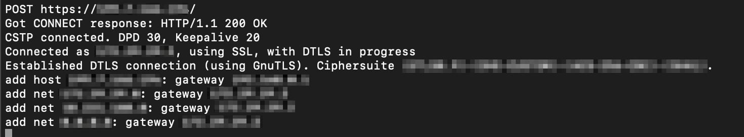 OpenConnect terminal output showing successful VPN connection