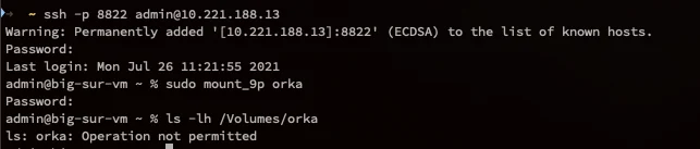 Terminal showing "orka: Operation not permitted" SSH error