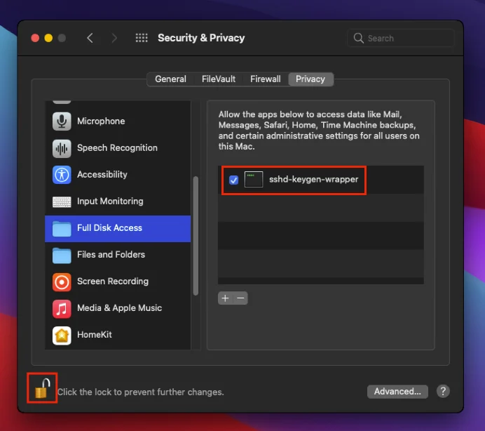Full Disk Access list with sshd-keygen-wrapper checkbox selected