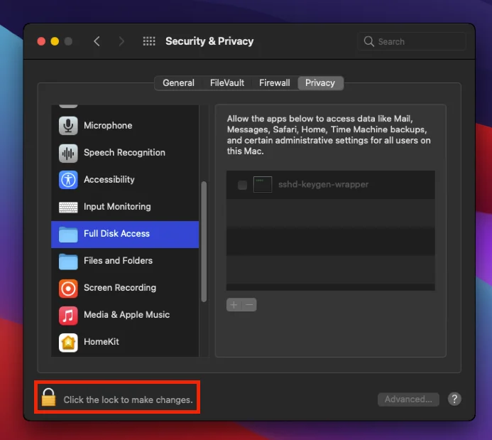 macOS Security and Privacy Full Disk Access settings with padlock