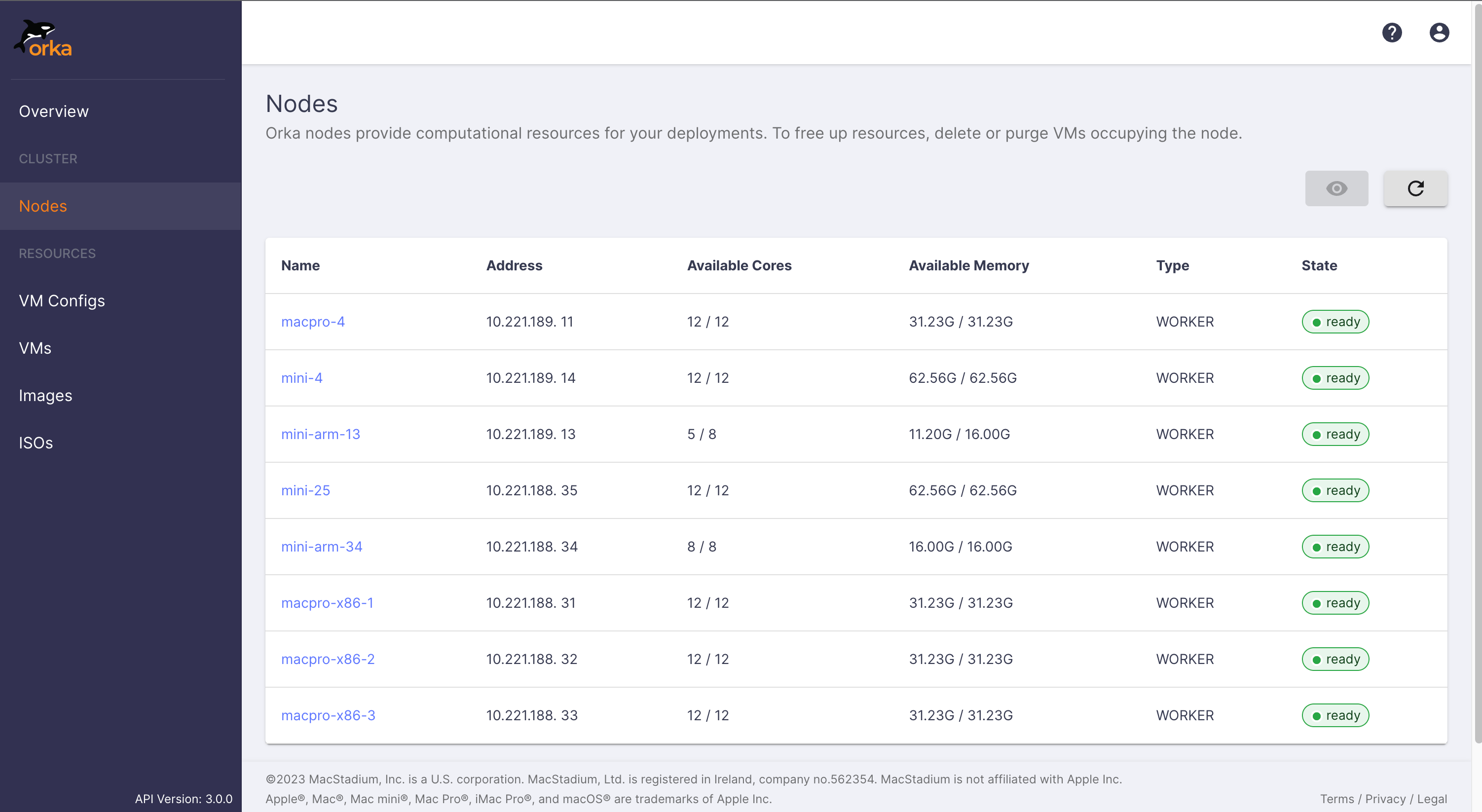 Orka UI Nodes page showing available resources