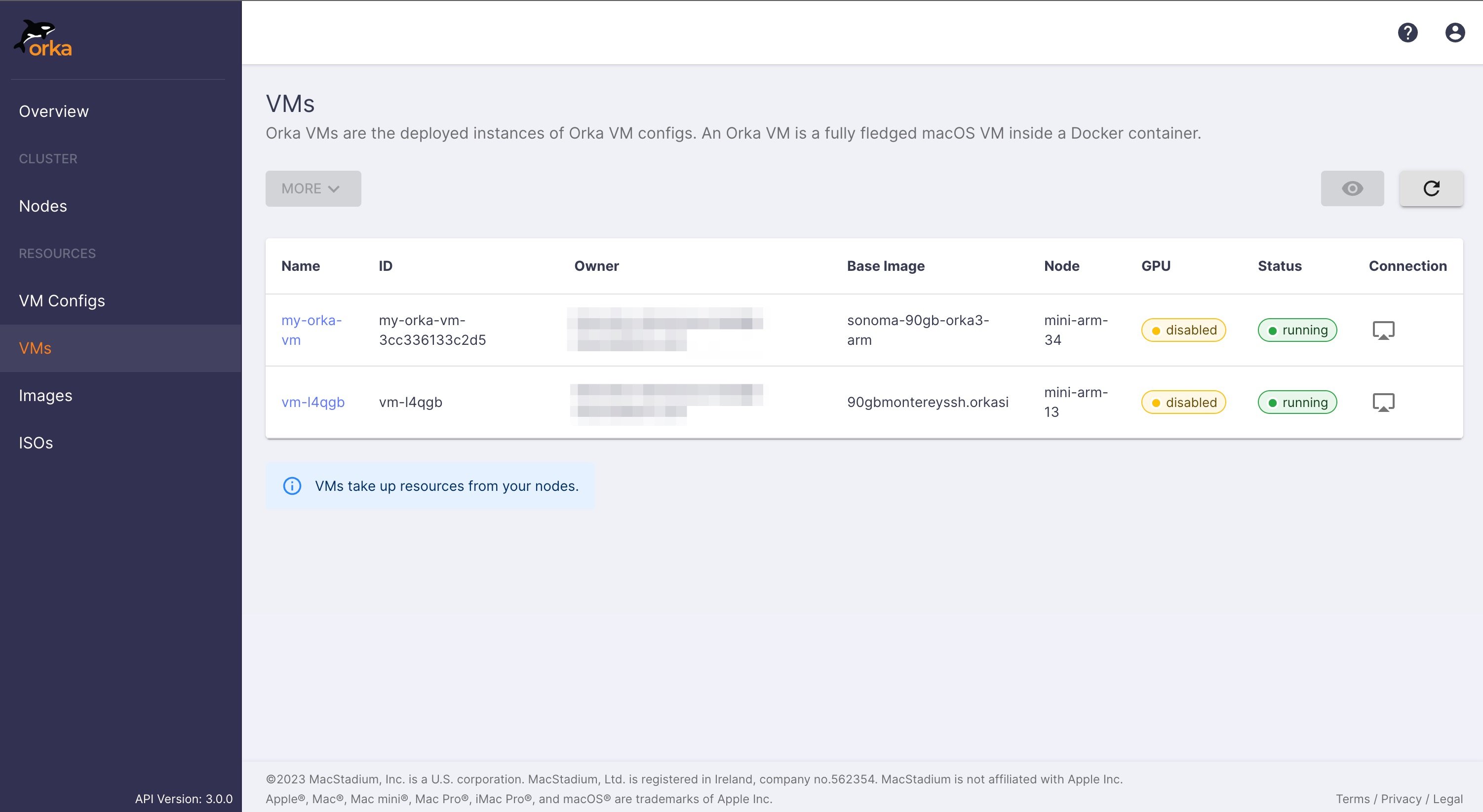 Orka UI VMs page listing deployed VM instances with connection info