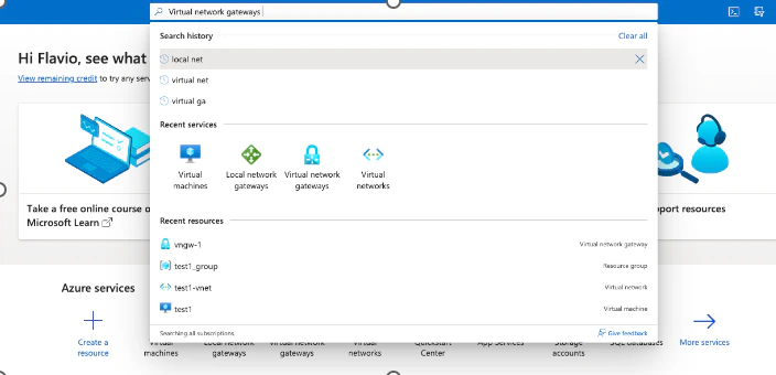 Azure search results with Virtual network gateways entry highlighted