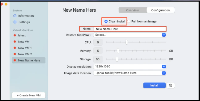 New VM dialog with Clean Install selected and Name field