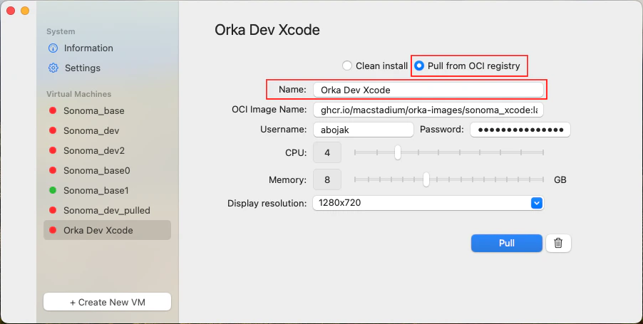 New VM dialog with Pull from an Image option selected