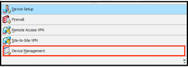 ASDM Device Management section in the configuration panel