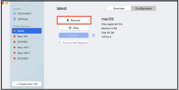 Resume button for a paused VM in Orka Desktop