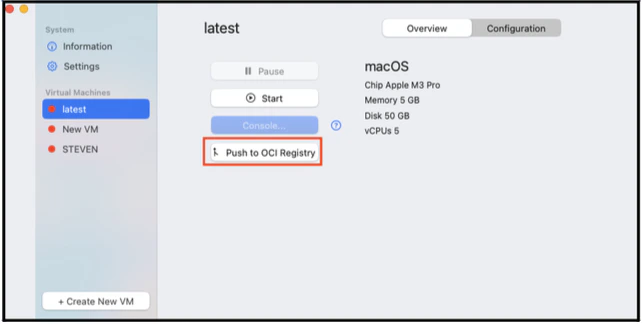 Push to OCI Registry button for a selected VM