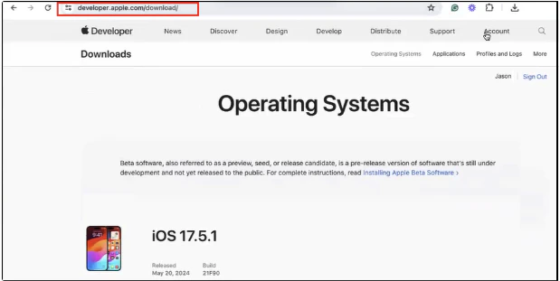 Apple Developer portal IPSW download page